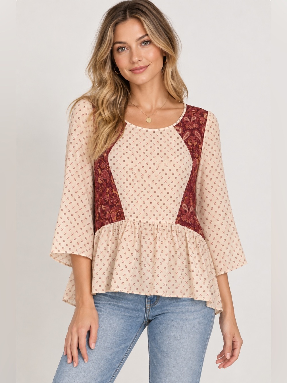 Free People Dandelion Paisley Patchwork Peplum Boho Top XS